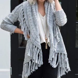 BB Dakota Karli Fringe Shawl Collar Cardigan in Light Heather Grey - Size Small